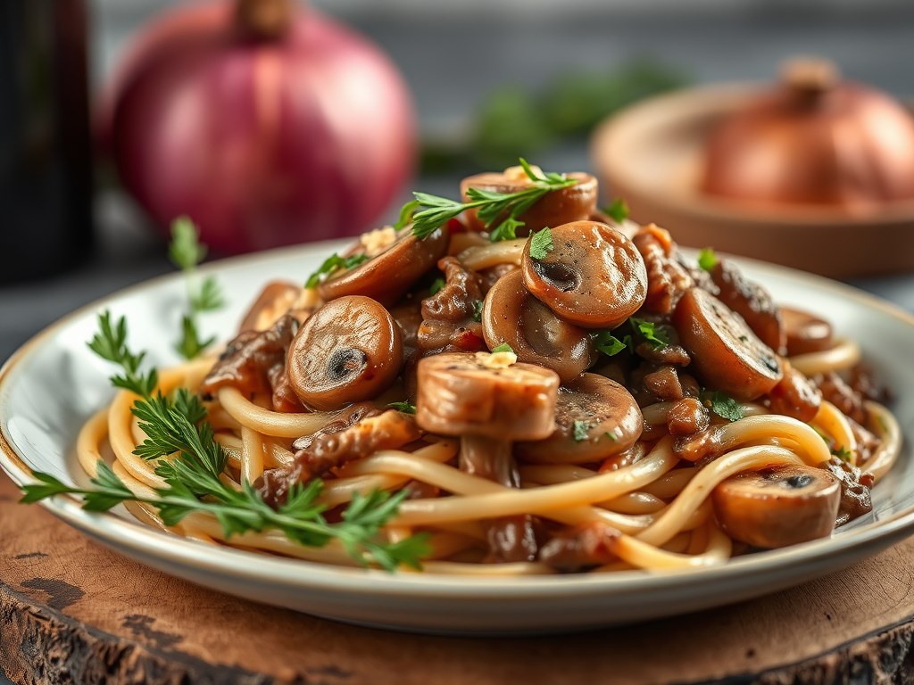 Champignon Stroganoff, AI-gegenereerde illustratie