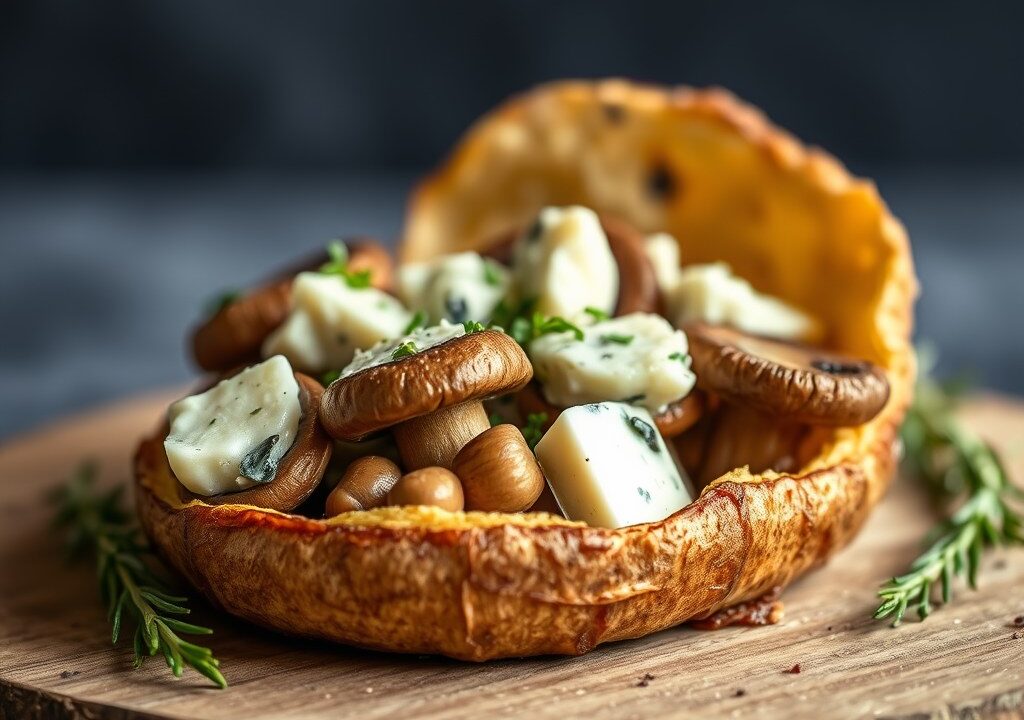 Champignons gevuld met blauwe kaas en Quorn — AI-gegenereerde illustratie