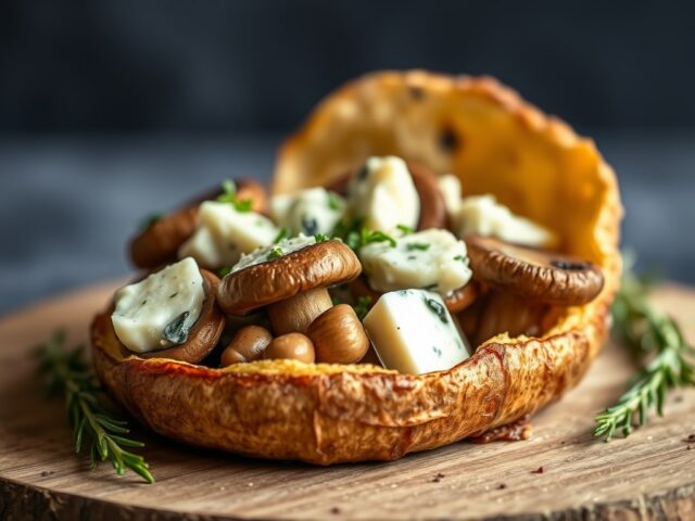 Champignons gevuld met blauwe kaas en Quorn — AI-gegenereerde illustratie