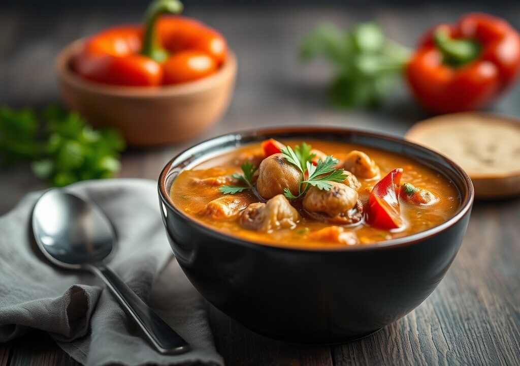 Champignonsoep met rode paprika — AI-gegenereerde illustratie