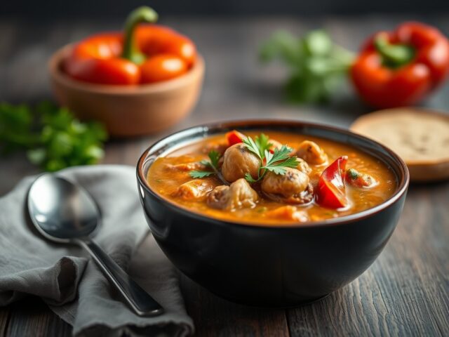 Champignonsoep met rode paprika — AI-gegenereerde illustratie