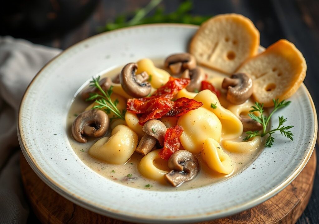 Champignonsoep met tortellini en spek, AI-gegenereerde illustratie