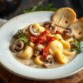 Champignonsoep met tortellini en spek