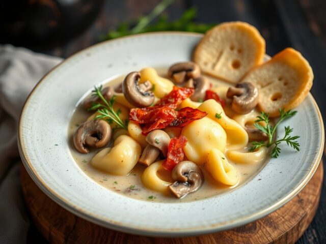 Champignonsoep met tortellini en spek — AI-gegenereerde illustratie