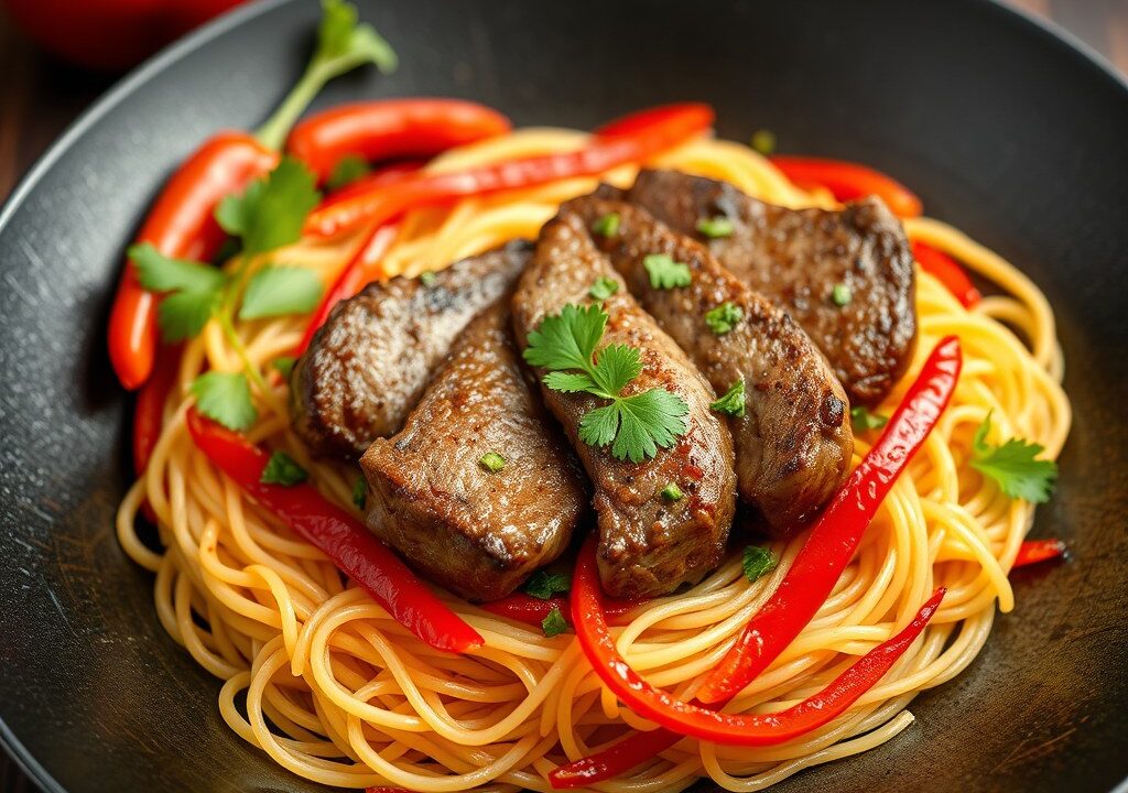 Chateaubriand op z’n Thai, rijstvermicelli met rode paprikareepjes — AI-gegenereerde illustratie