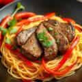 Chateaubriand op z’n Thai, rijstvermicelli met rode paprikareepjes