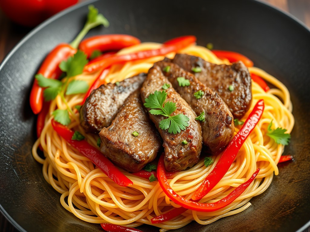 Chateaubriand op z’n Thai, rijstvermicelli met rode paprikareepjes, AI-gegenereerde illustratie