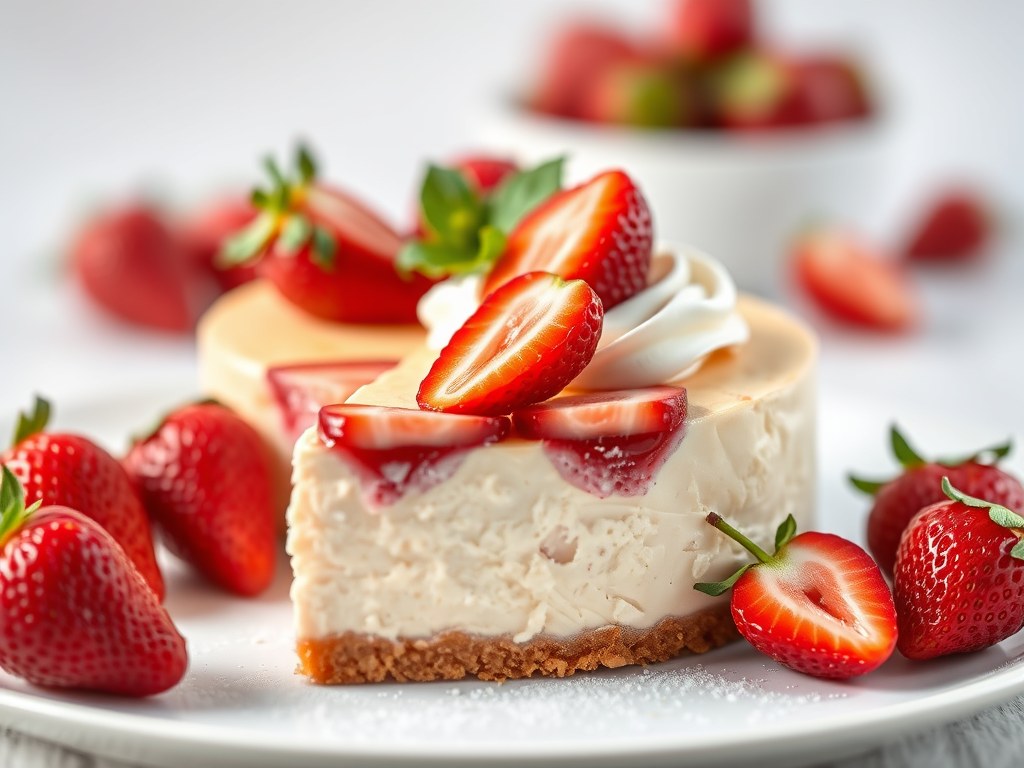 Cheesecake met aardbeien, AI-gegenereerde illustratie