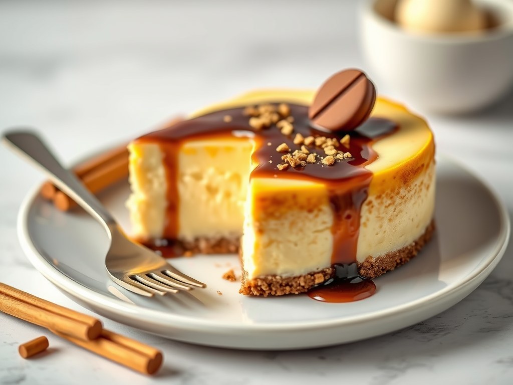 Cheesecake met kastanjepompoen, speculoos en chocoladesaus, AI-gegenereerde illustratie