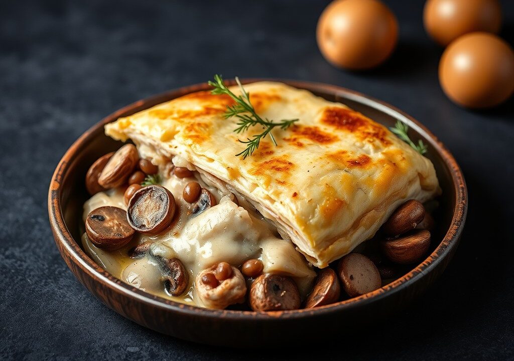 Chicken pie – pastei met kip en champignons, AI-gegenereerde illustratie