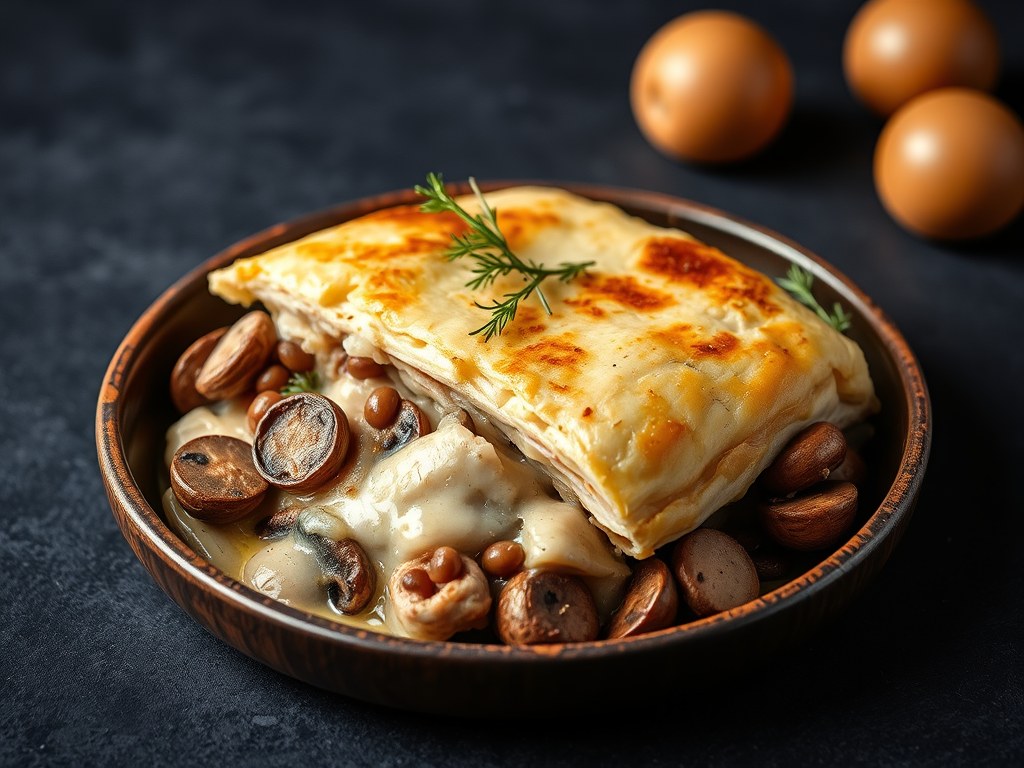 Chicken pie – pastei met kip en champignons, AI-gegenereerde illustratie