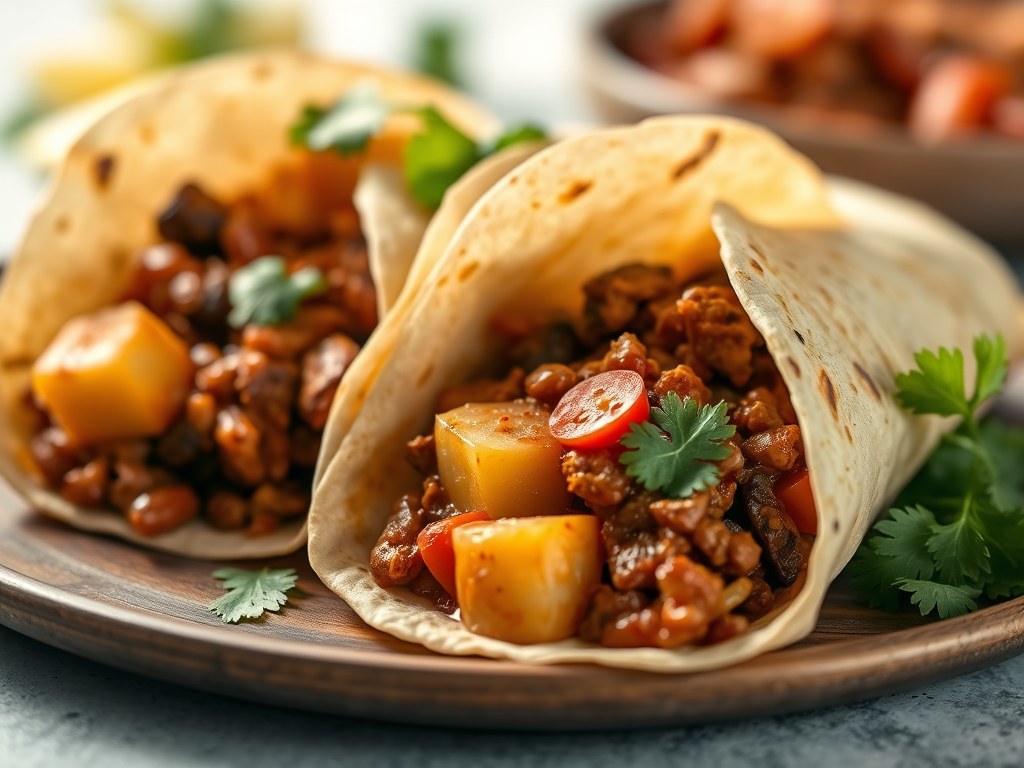 Chili con carne wraps met aardappelblokjes, AI-gegenereerde illustratie