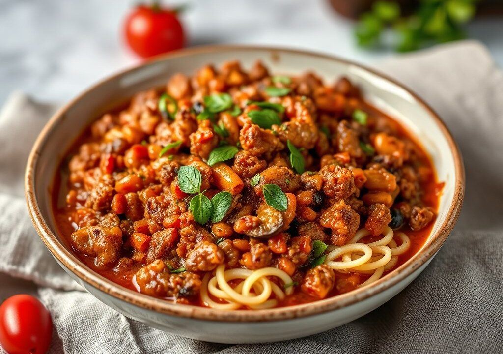 Chili con Quorn, AI-gegenereerde illustratie