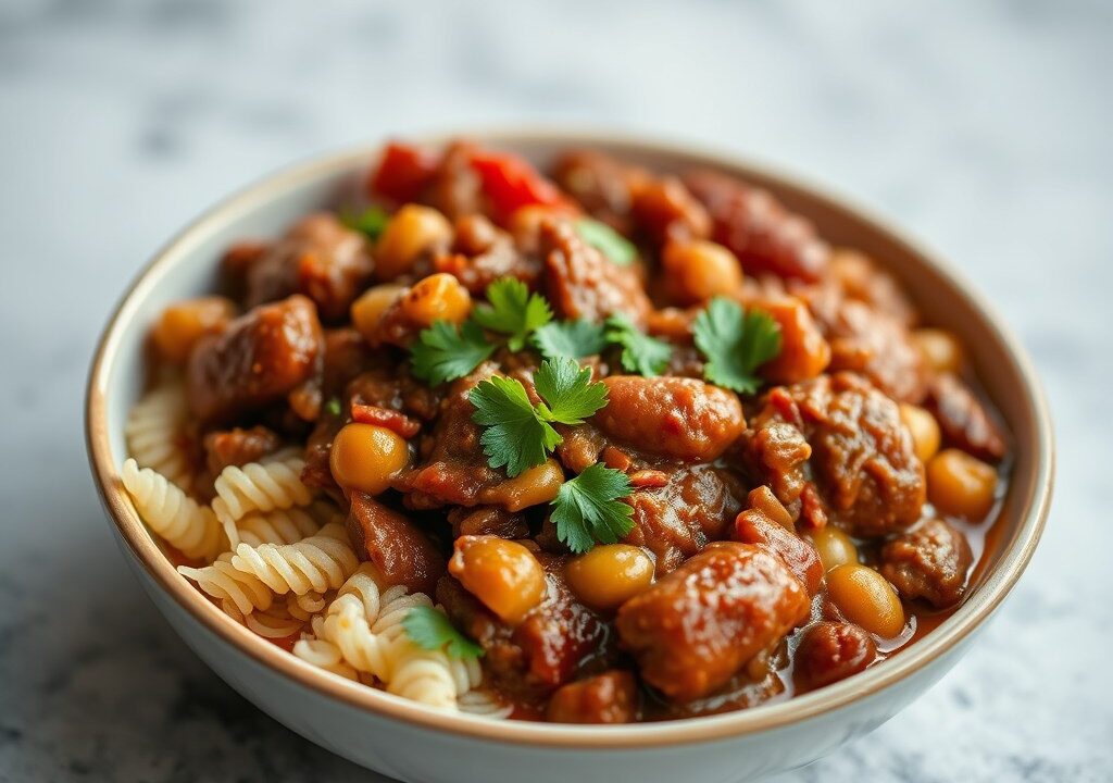 Chili nr. 2 met kidneybonen en maïs, AI-gegenereerde illustratie