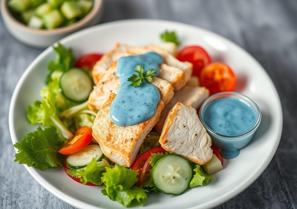 Chillikip salade met blue dressing — AI-gegenereerde illustratie