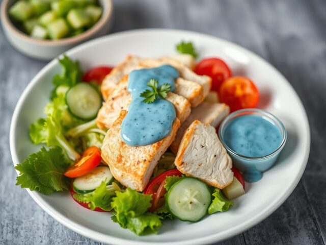 Chillikip salade met blue dressing — AI-gegenereerde illustratie