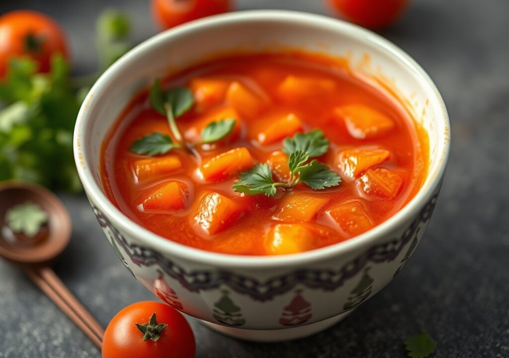 Chineese zoet/zure kippen- tomatensoep, AI-gegenereerde illustratie