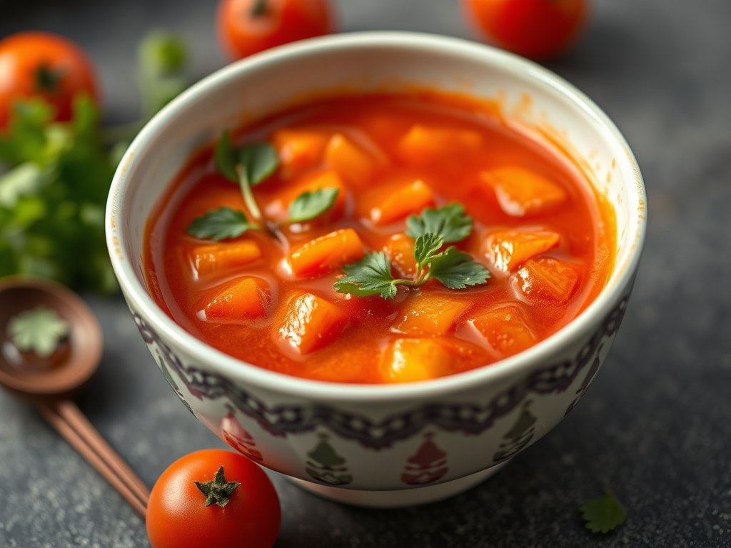 Chineese zoet/zure kippen- tomatensoep, AI-gegenereerde illustratie