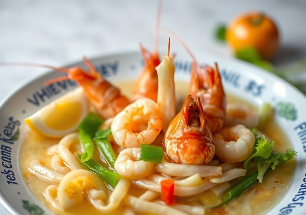 Chinese noedelsoep met scampi’s, AI-gegenereerde illustratie