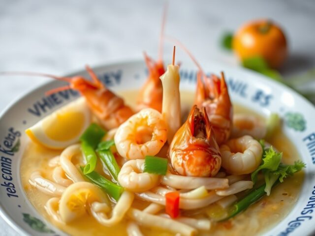 Chinese noedelsoep met scampi’s — AI-gegenereerde illustratie