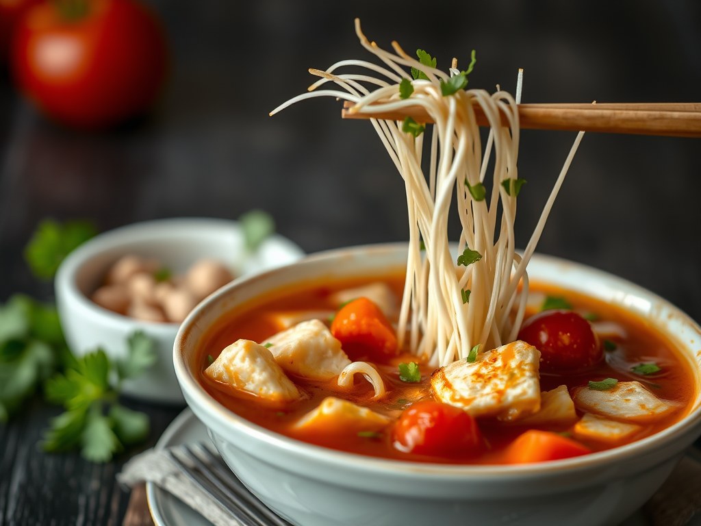 Chinese Tomatensoep met Kip, Taugé en stukjes Omelet, AI-gegenereerde illustratie
