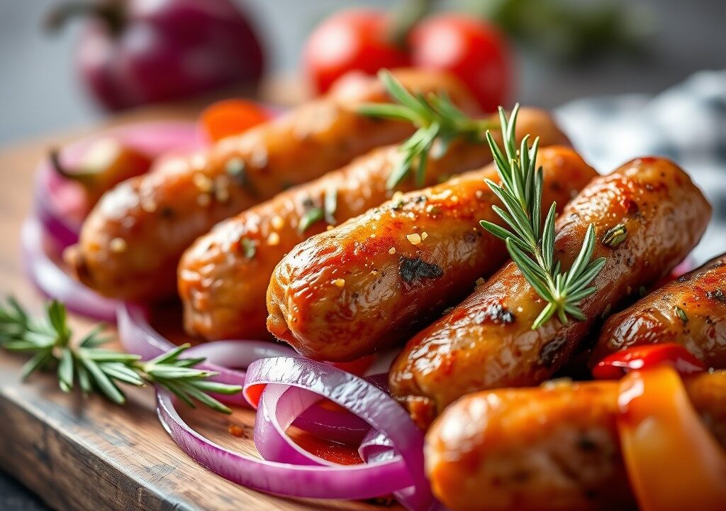 Chipolata’s gebakken met rozemarijn en paprika’s, AI-gegenereerde illustratie