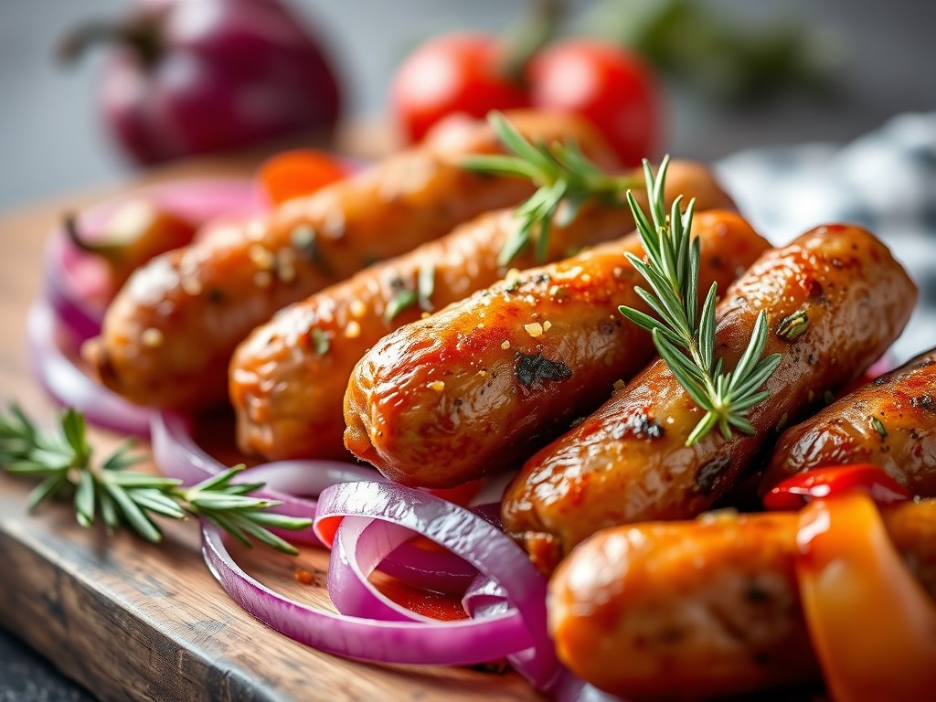 Chipolata’s gebakken met rozemarijn en paprika’s, AI-gegenereerde illustratie