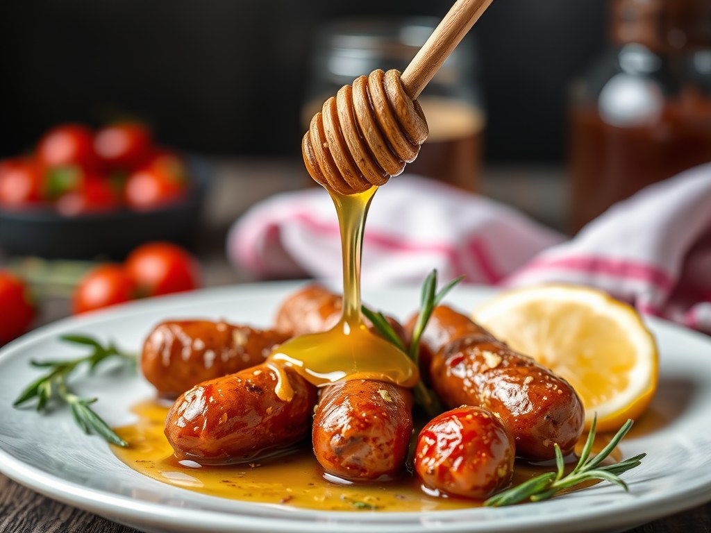 Chipolata’s met kerstomaten, honing en rozemarijn, AI-gegenereerde illustratie