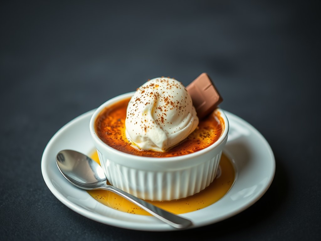 Chocolade crème brûlée met vanille ijs, AI-gegenereerde illustratie