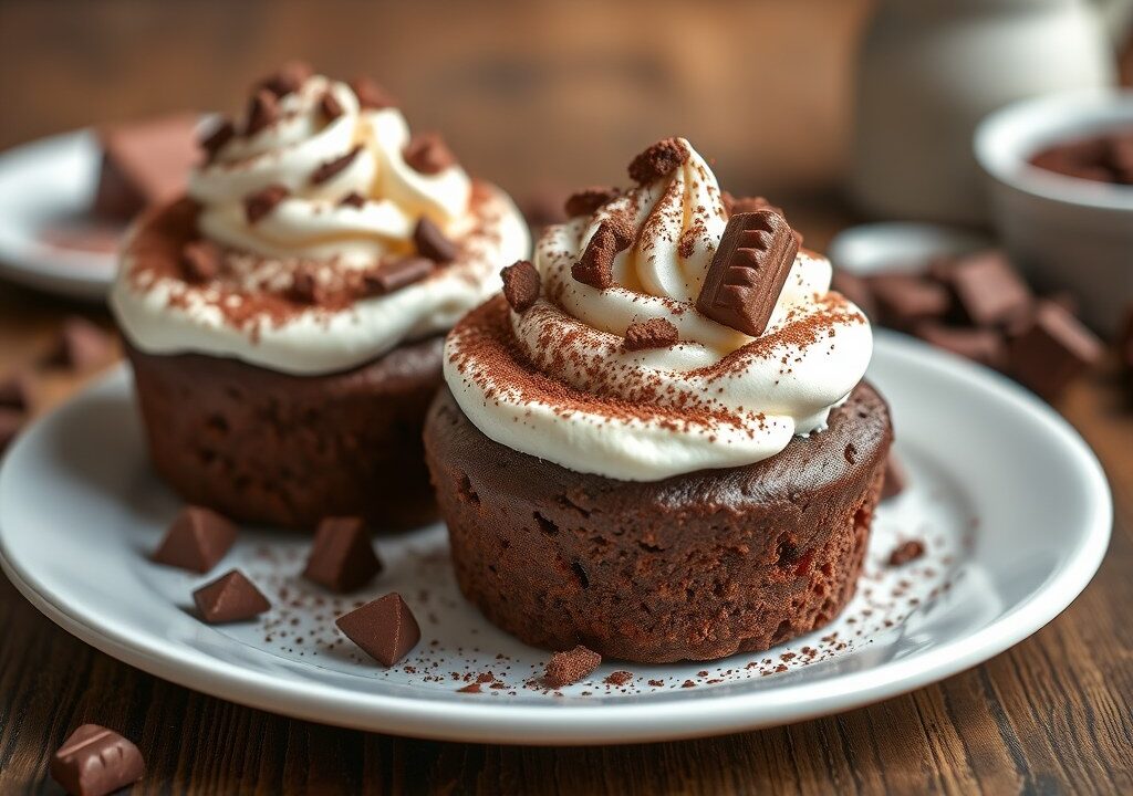 Chocolade souffles met ijs en chocoladekrullen — AI-gegenereerde illustratie