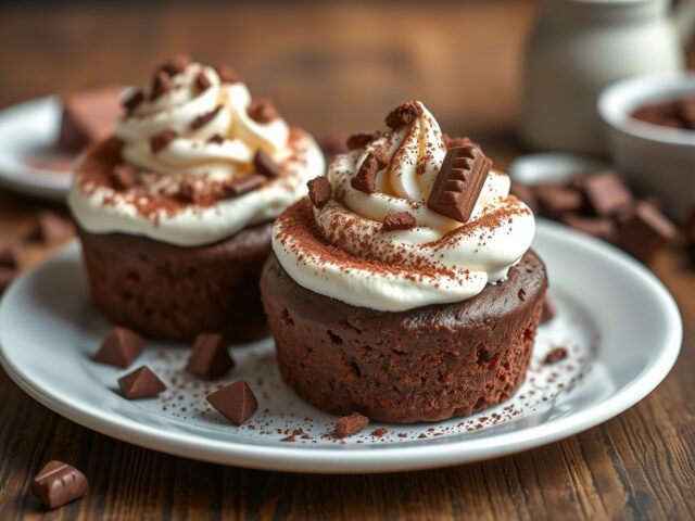 Chocolade souffles met ijs en chocoladekrullen — AI-gegenereerde illustratie