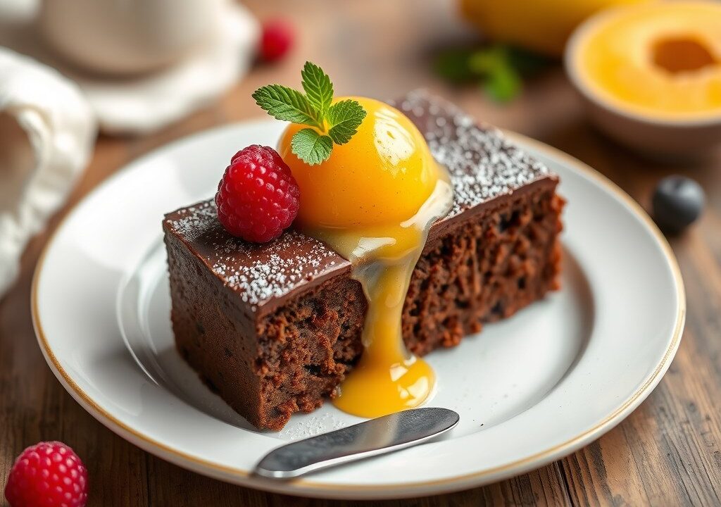 Chocoladecake met sorbet van mandarijn — AI-gegenereerde illustratie