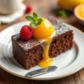 Chocoladecake met sorbet van mandarijn