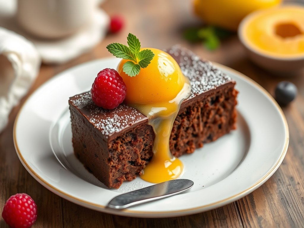 Chocoladecake met sorbet van mandarijn, AI-gegenereerde illustratie