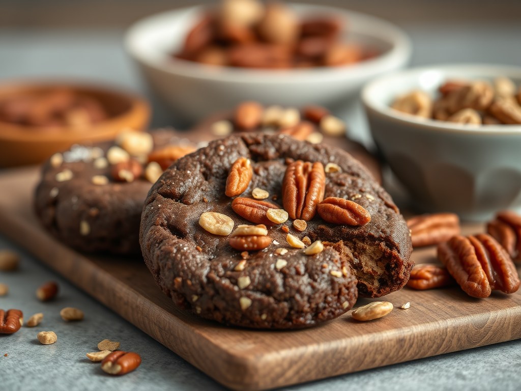 Chocoladekoekjes met muesli en pecanoten, AI-gegenereerde illustratie