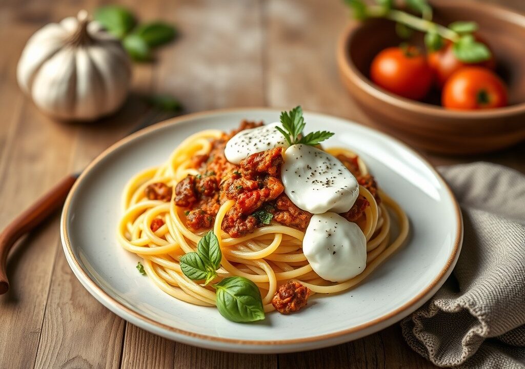 Chorizo bolognese met spaghetti en burrata — AI-gegenereerde illustratie