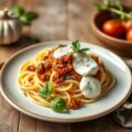 Chorizo bolognese met spaghetti en burrata
