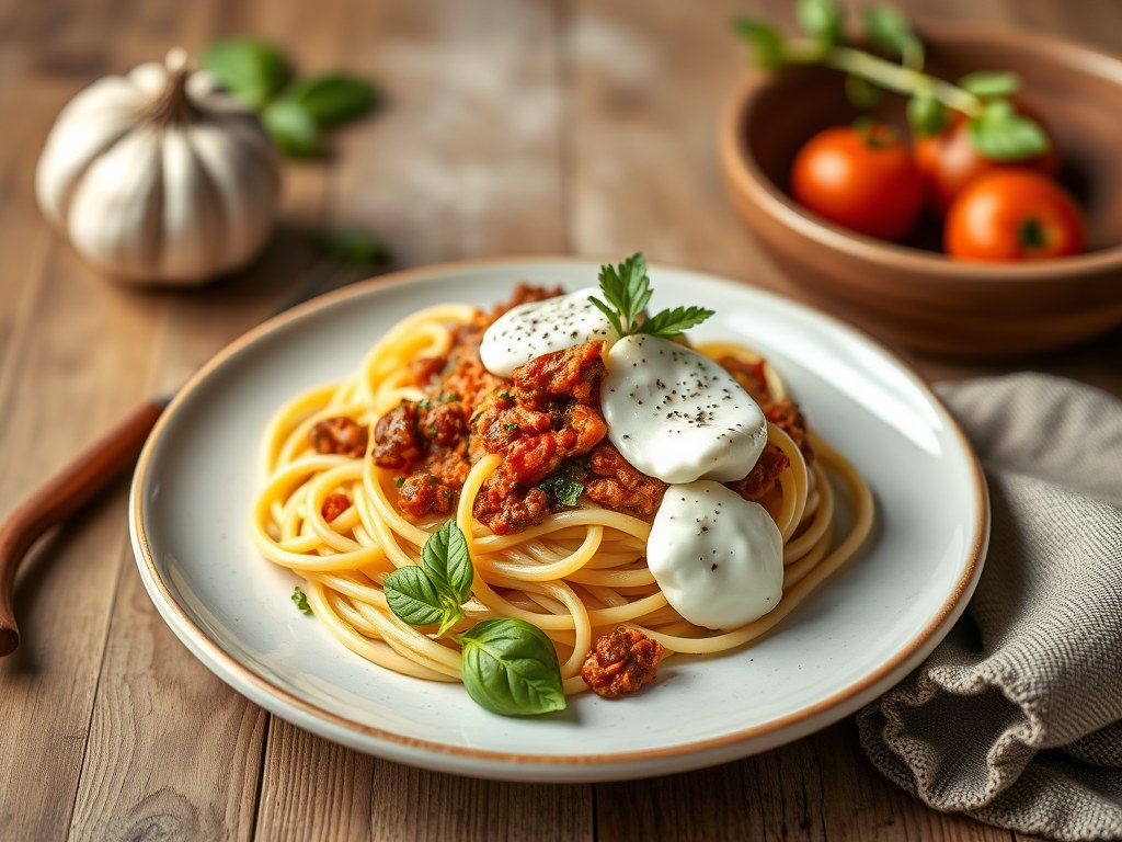 Chorizo bolognese met spaghetti en burrata, AI-gegenereerde illustratie
