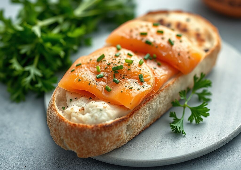 Ciabatta brood met ruccolasla en zalm — AI-gegenereerde illustratie