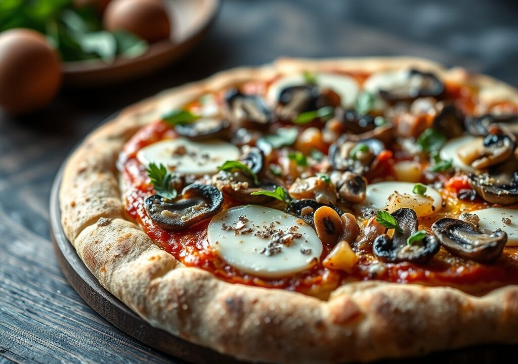 Ciabatta-pizza met duxelles, brie en pancetta — AI-gegenereerde illustratie