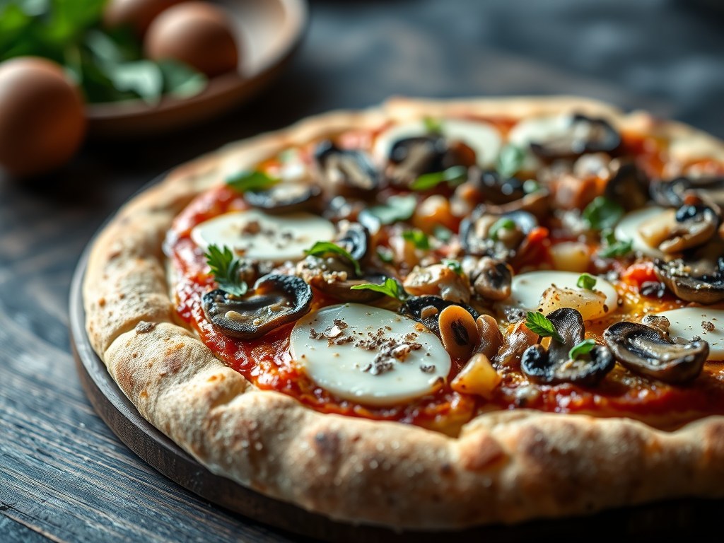 Ciabatta-pizza met duxelles, brie en pancetta, AI-gegenereerde illustratie
