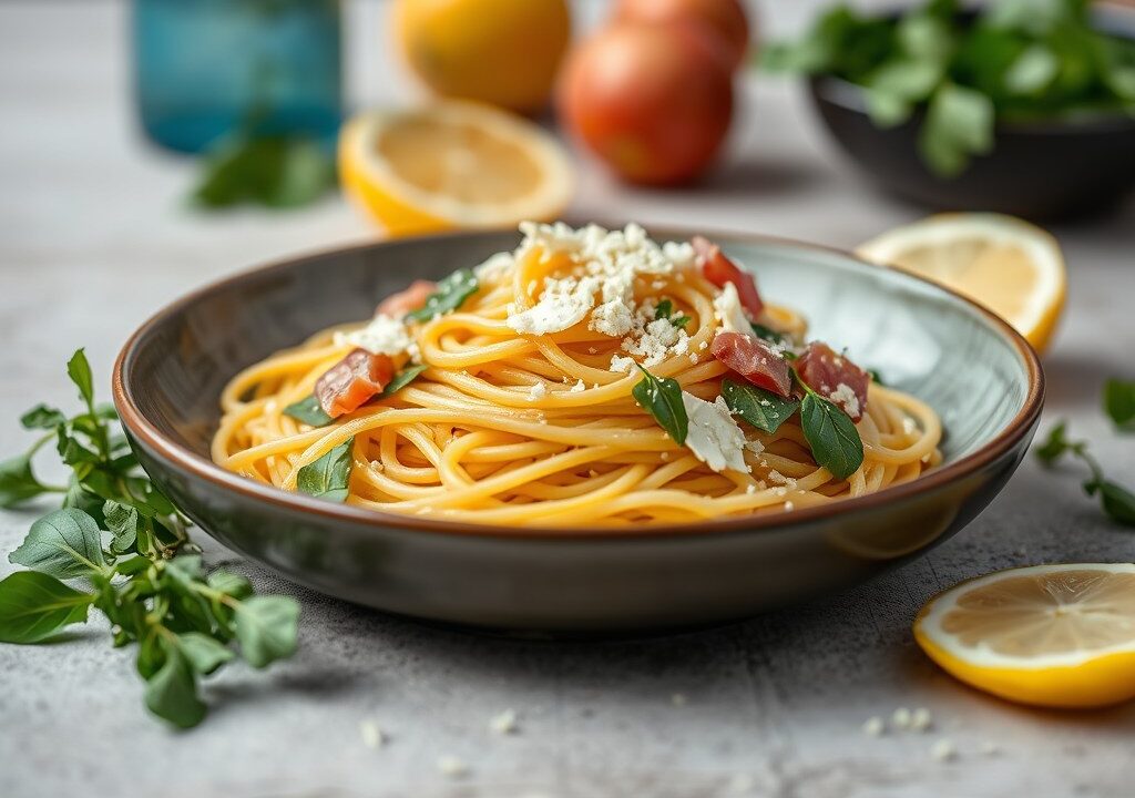 Citroen spaghetti met rucola, beenham en Grana Padano. Een snelle zomerse pasta., AI-gegenereerde illustratie