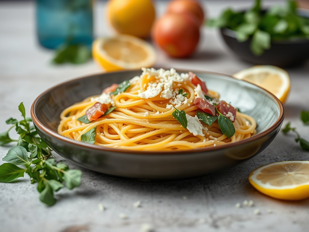 Citroen spaghetti met rucola, beenham en Grana Padano. Een snelle zomerse pasta., AI-gegenereerde illustratie