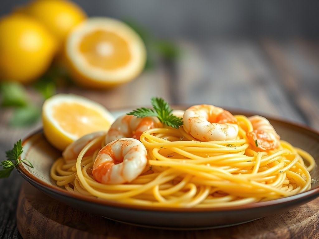Citroenspaghetti met Garnalen, AI-gegenereerde illustratie