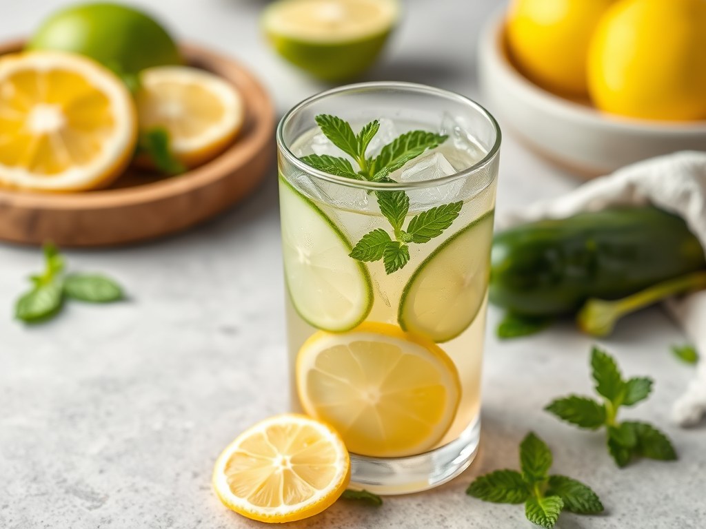 Citrus – komkommerwater met munt, AI-gegenereerde illustratie