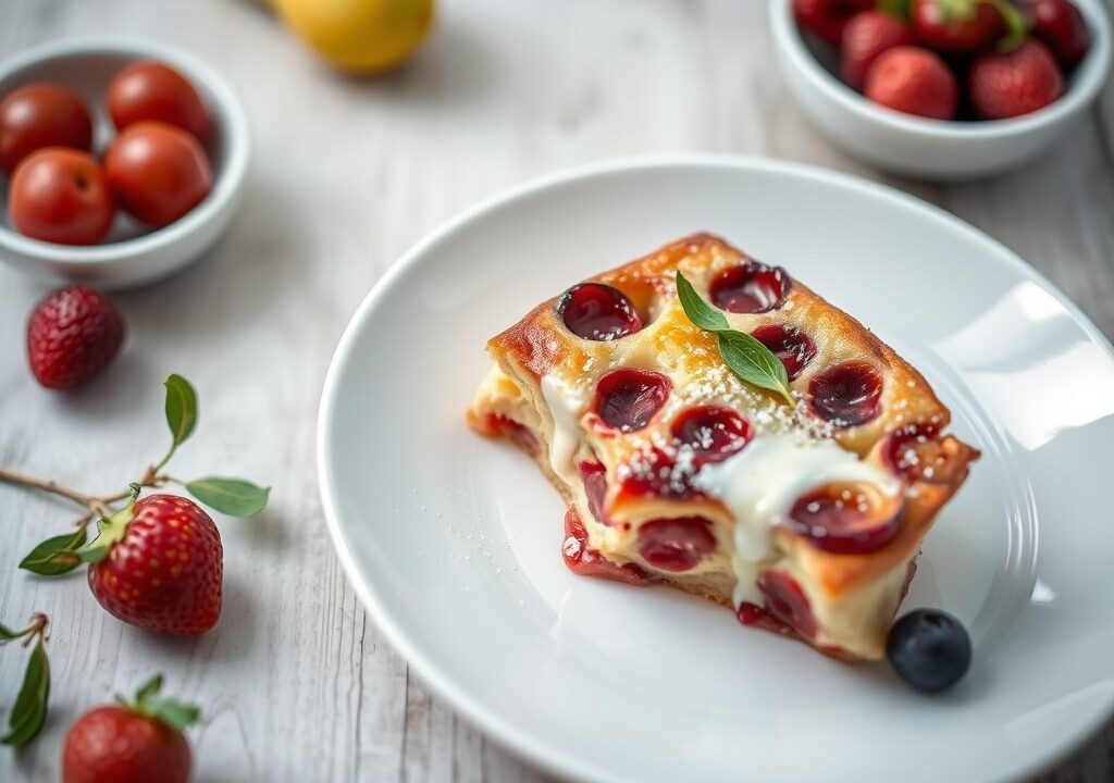 Clafoutis met pruimen, AI-gegenereerde illustratie