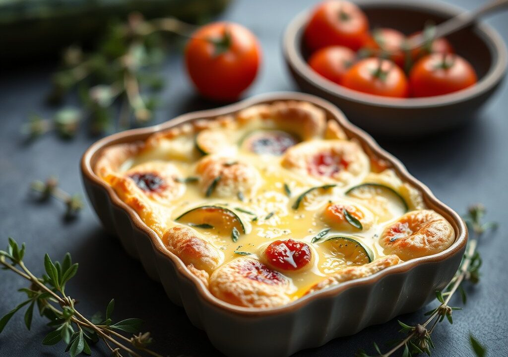 Clafoutis van courgette, kerstomaten en Leerdammer — AI-gegenereerde illustratie