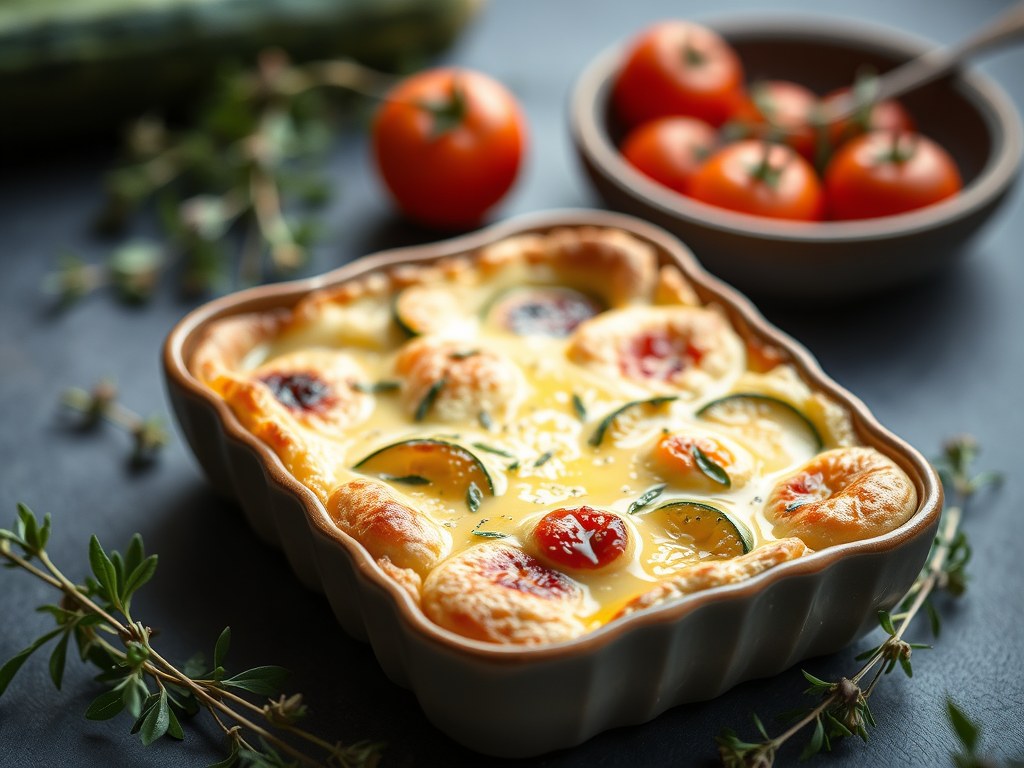 Clafoutis van courgette, kerstomaten en Leerdammer, AI-gegenereerde illustratie