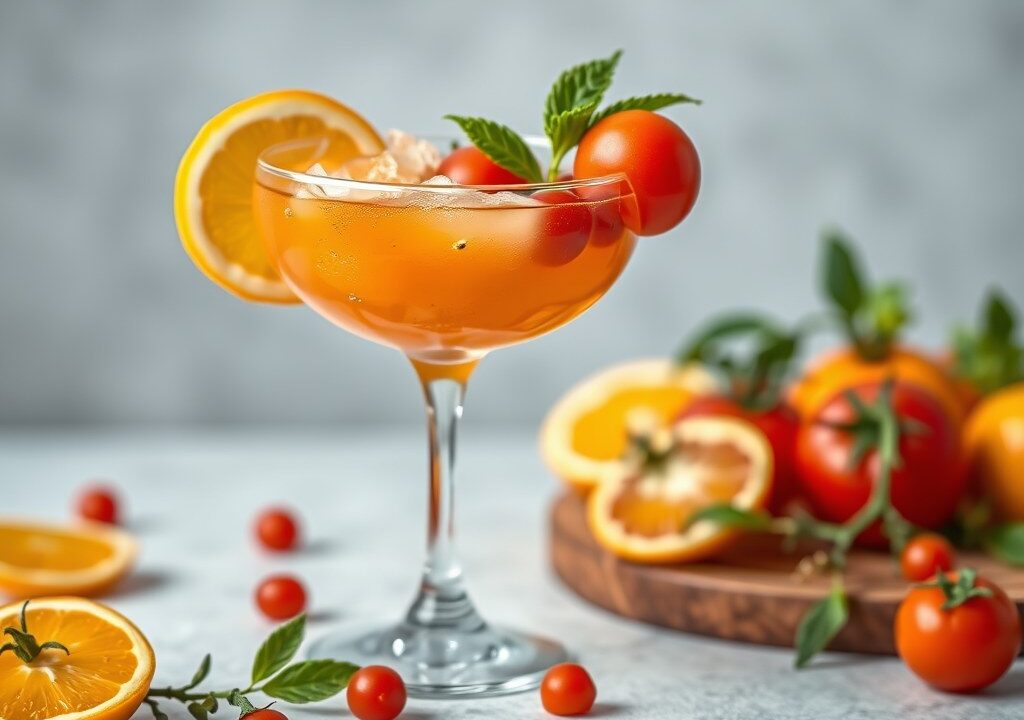 Cocktail van tomaat, sinaasappel en ananas, AI-gegenereerde illustratie