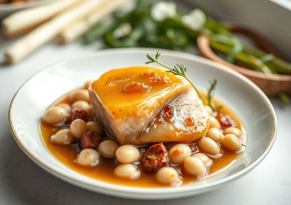 Confit van Tamme Eend met Witte Bonen en Uiencompote — AI-gegenereerde illustratie